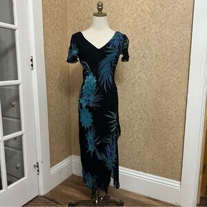 VTG Y2K 90s Black & Blue Floral Beaded Flutter Sleeve Fairy Asymmetrical Dress